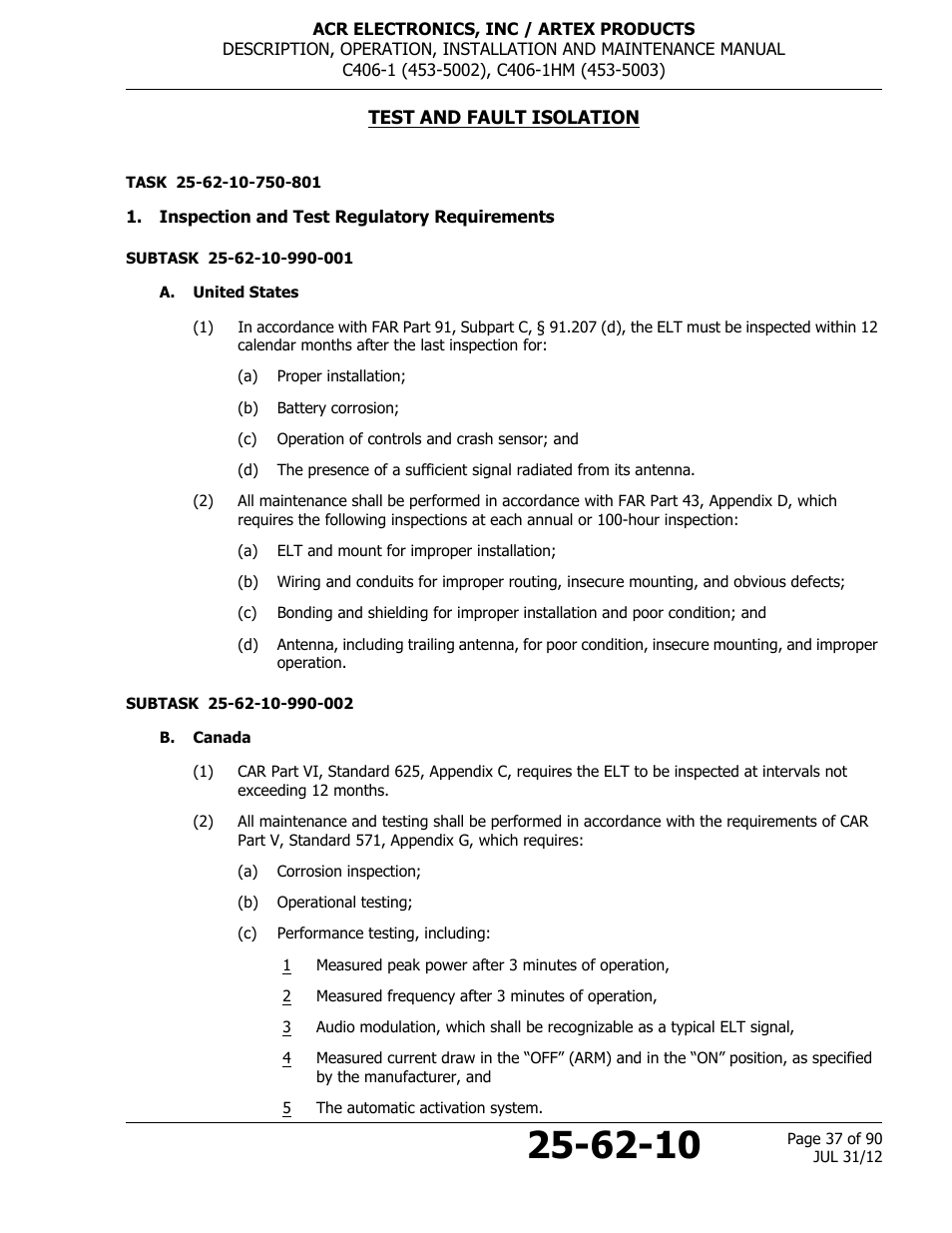Test and fault isolation, Inspection and test regulatory requirements, A. united states | B. canada | ACR&Artex C406-1 User Manual | Page 37 / 90