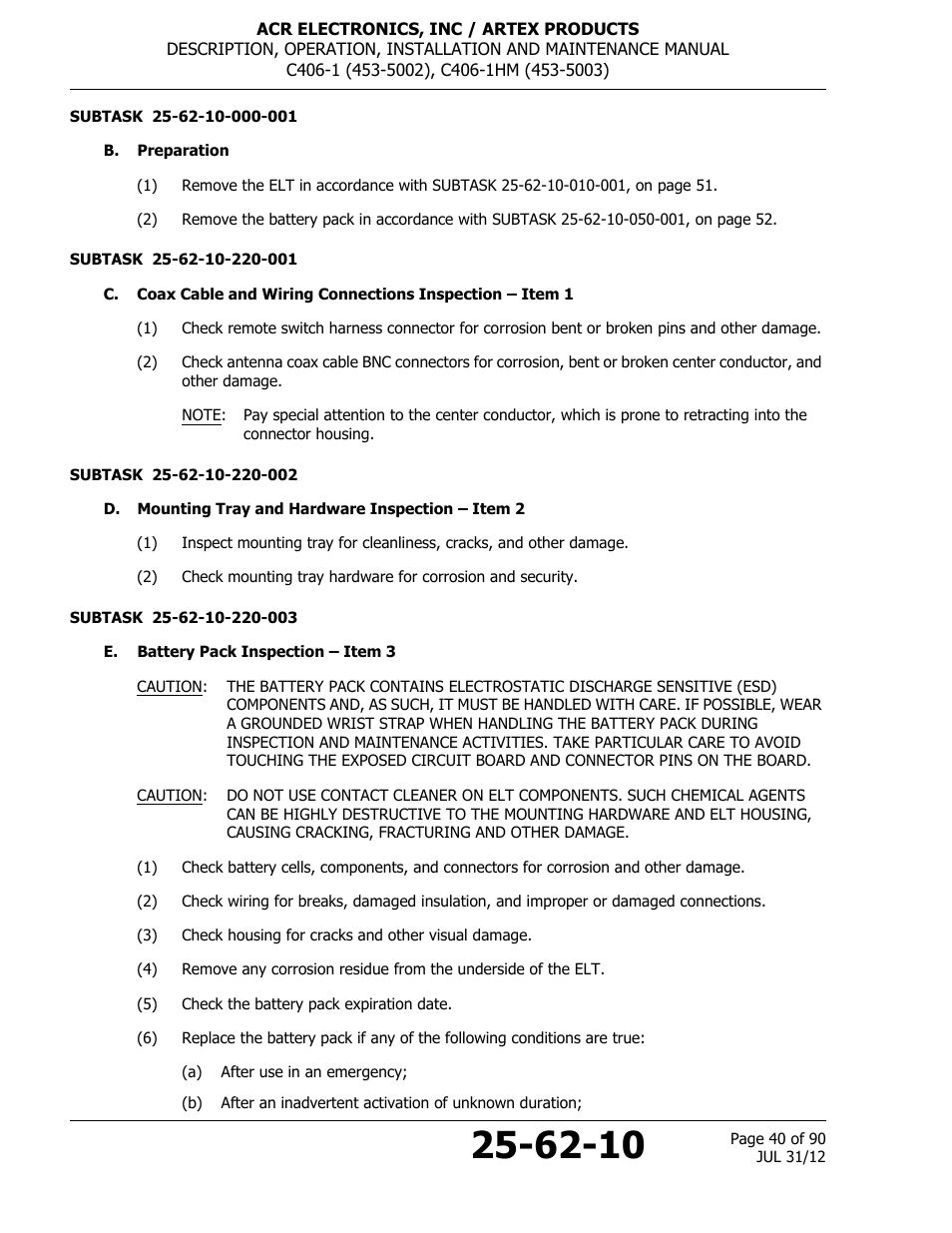 B. preparation, D. mounting tray and hardware inspection – item 2, E. battery pack inspection – item 3 | ACR&Artex C406-1 User Manual | Page 40 / 90