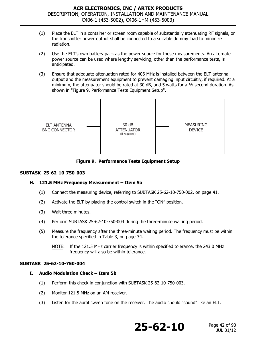 Figure 9. performance tests equipment setup, H. 121.5 mhz frequency measurement – item 5a, I. audio modulation check – item 5b | ACR&Artex C406-1 User Manual | Page 42 / 90
