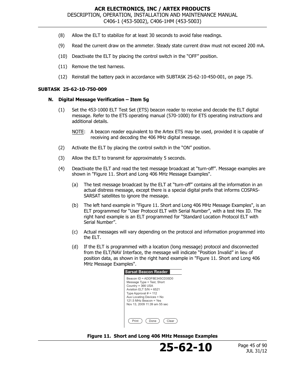 N. digital message verification – item 5g, Figure 11. short and long 406 mhz message examples | ACR&Artex C406-1 User Manual | Page 45 / 90