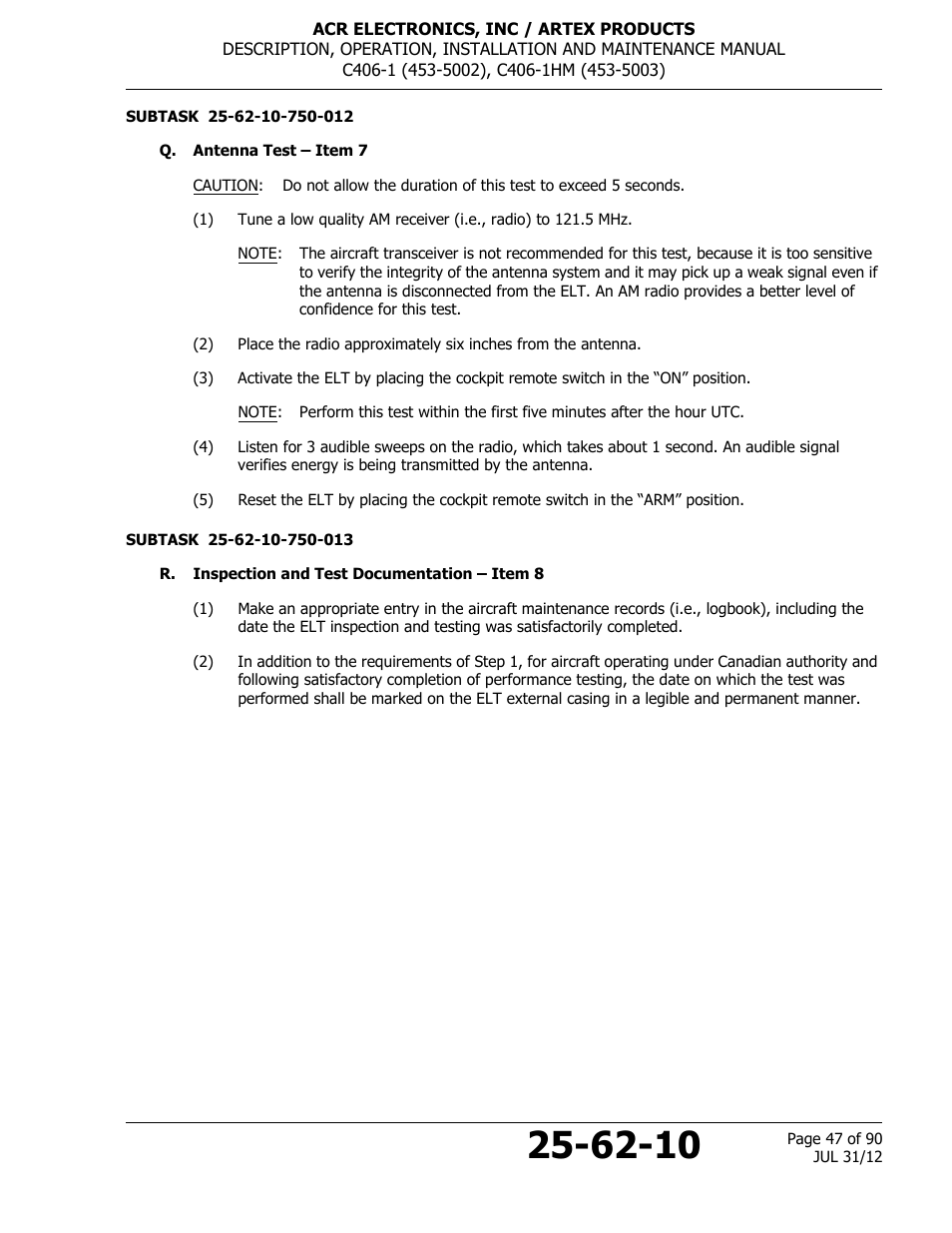 Q. antenna test – item 7, R. inspection and test documentation – item 8 | ACR&Artex C406-1 User Manual | Page 47 / 90