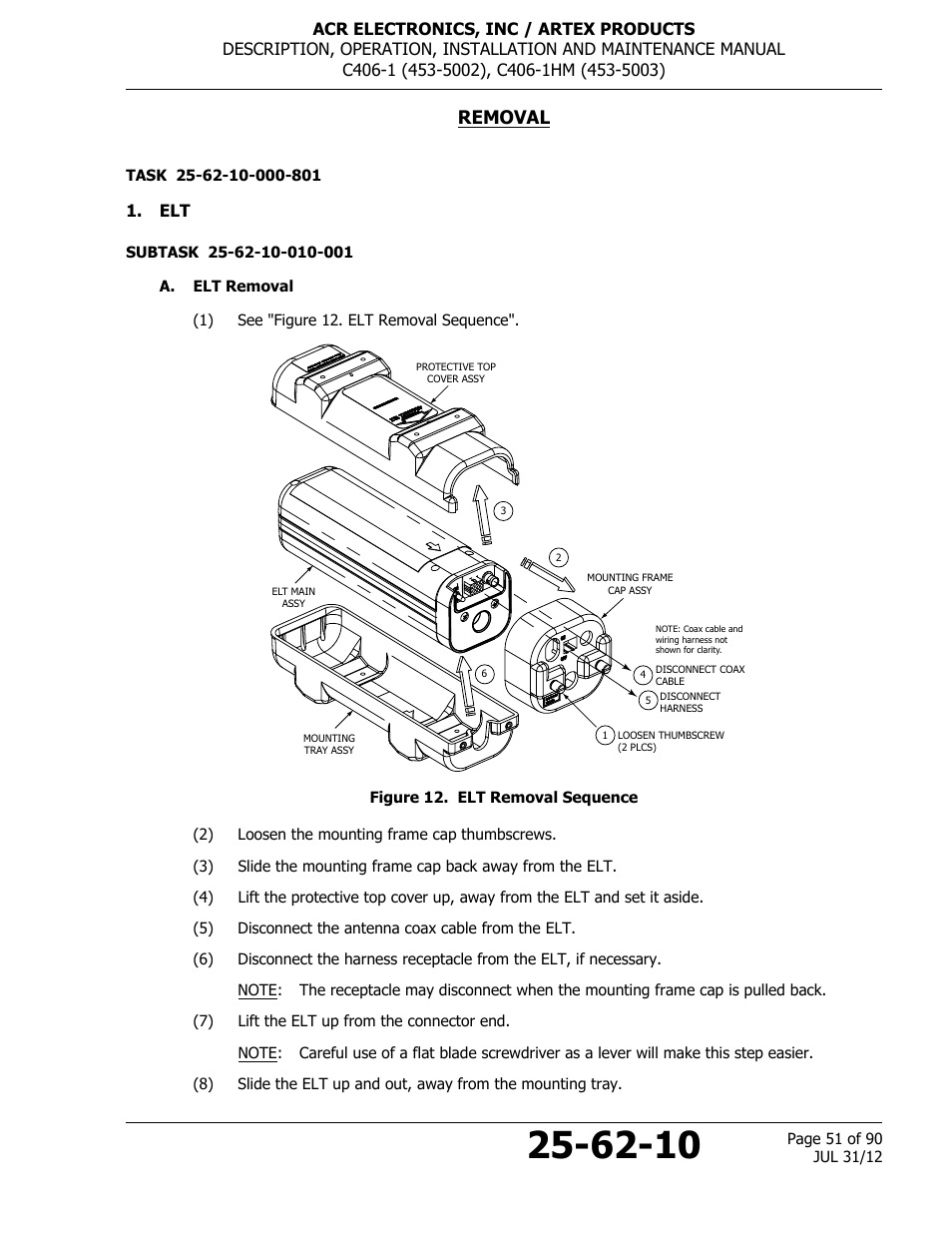 Removal, A. elt removal, Figure 12. elt removal sequence | ACR&Artex C406-1 User Manual | Page 51 / 90