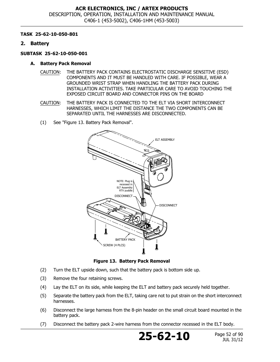 Battery, A. battery pack removal, Figure 13. battery pack removal | ACR&Artex C406-1 User Manual | Page 52 / 90