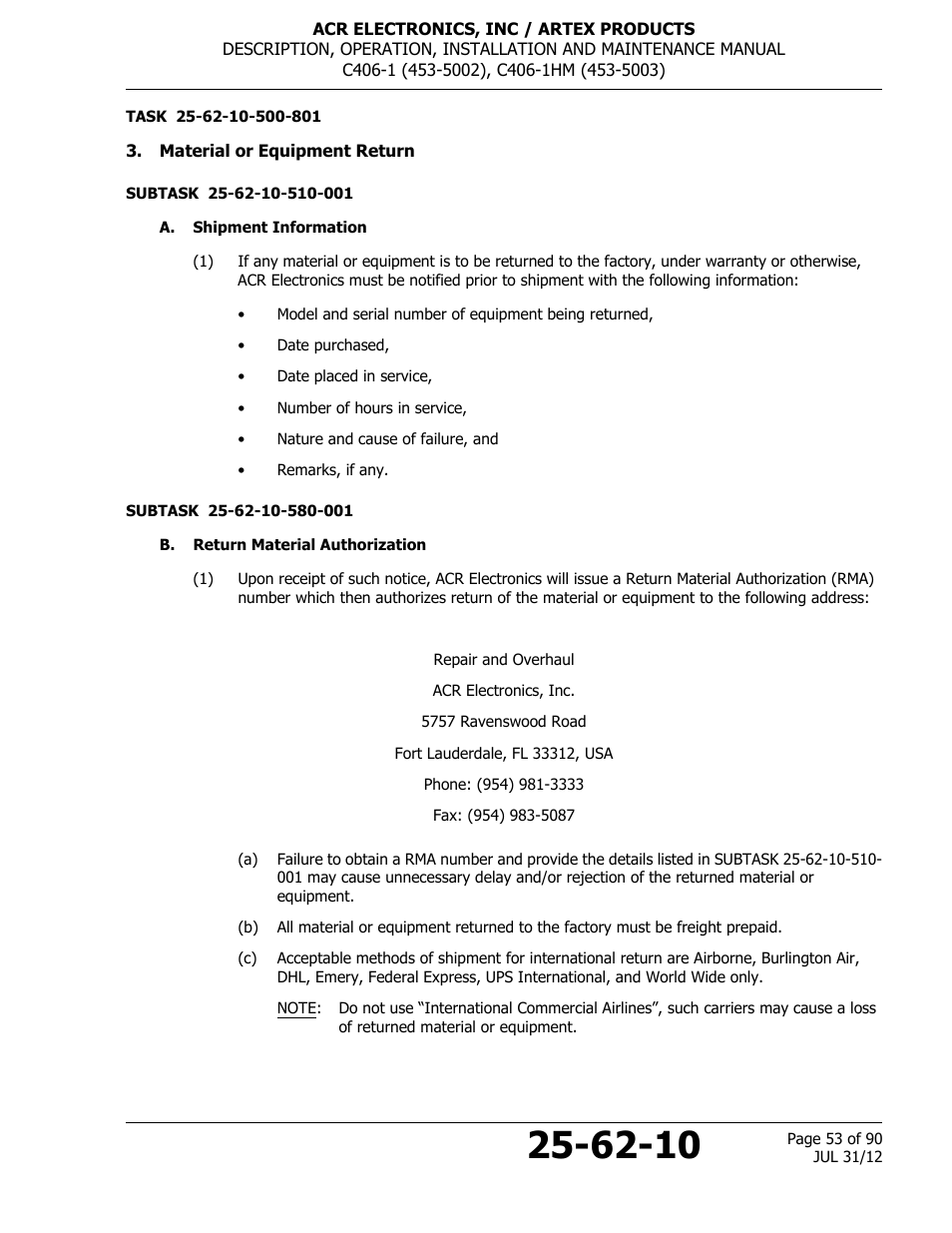 Material or equipment return, A. shipment information, B. return material authorization | ACR&Artex C406-1 User Manual | Page 53 / 90