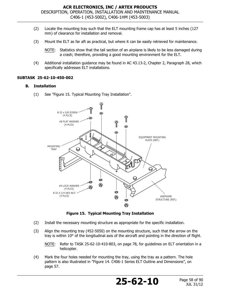 B. installation, Figure 15. typical mounting tray installation | ACR&Artex C406-1 User Manual | Page 58 / 90