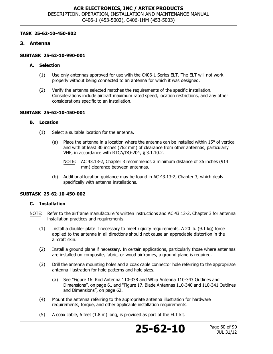 Antenna, A. selection, B. location | C. installation | ACR&Artex C406-1 User Manual | Page 60 / 90