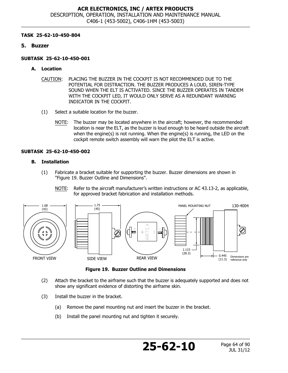 Buzzer, A. location, B. installation | Figure 19. buzzer outline and dimensions | ACR&Artex C406-1 User Manual | Page 64 / 90