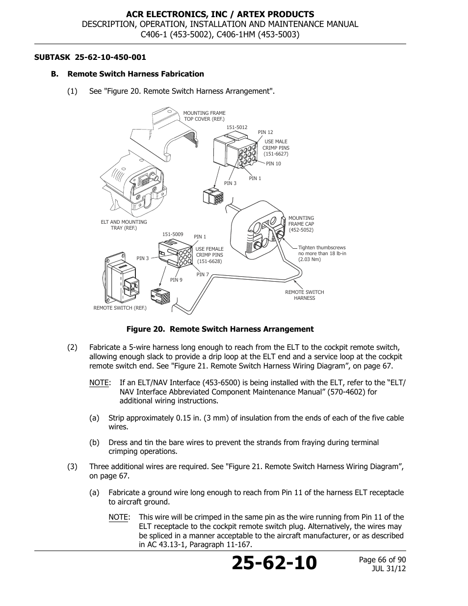 B. remote switch harness fabrication, Figure 20. remote switch harness arrangement | ACR&Artex C406-1 User Manual | Page 66 / 90