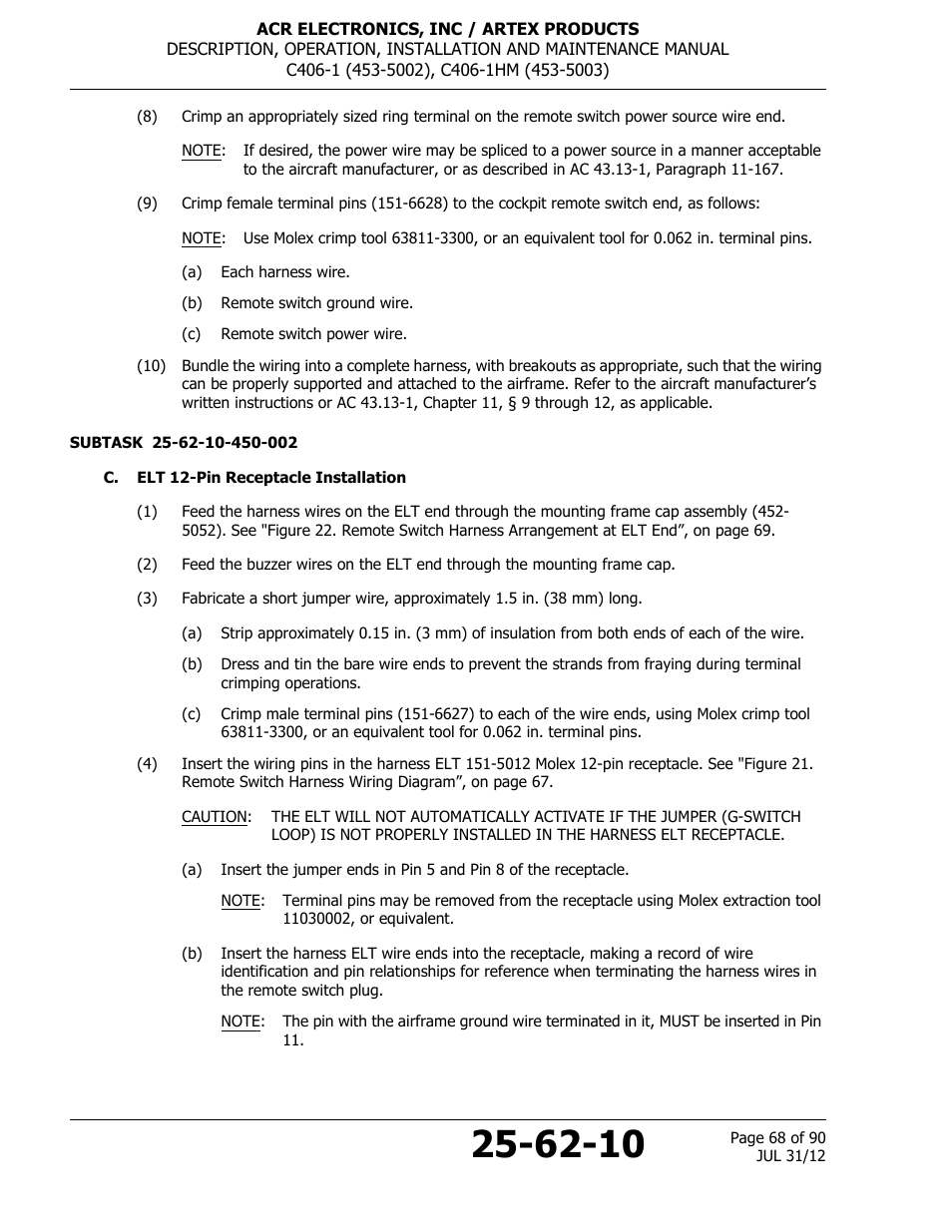 C. elt 12-pin receptacle installation | ACR&Artex C406-1 User Manual | Page 68 / 90