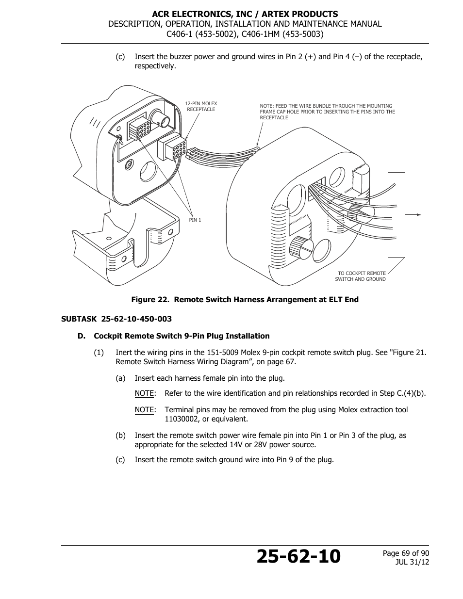 D. cockpit remote switch 9-pin plug installation | ACR&Artex C406-1 User Manual | Page 69 / 90