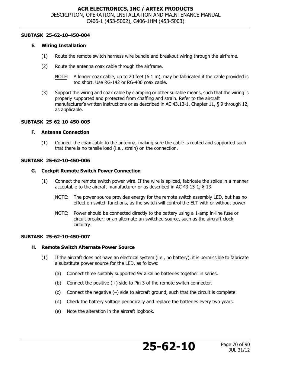 E. wiring installation, F. antenna connection, G. cockpit remote switch power connection | H. remote switch alternate power source | ACR&Artex C406-1 User Manual | Page 70 / 90