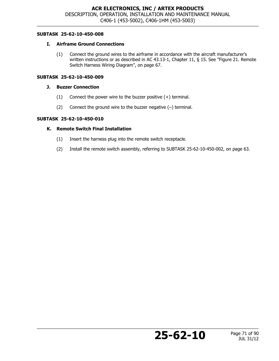 I. airframe ground connections, J. buzzer connection, K. remote switch final installation | ACR&Artex C406-1 User Manual | Page 71 / 90