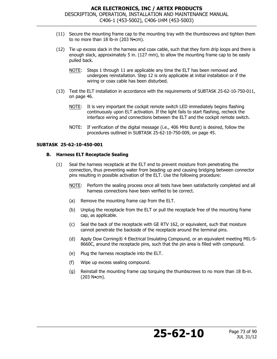 B. harness elt receptacle sealing | ACR&Artex C406-1 User Manual | Page 73 / 90