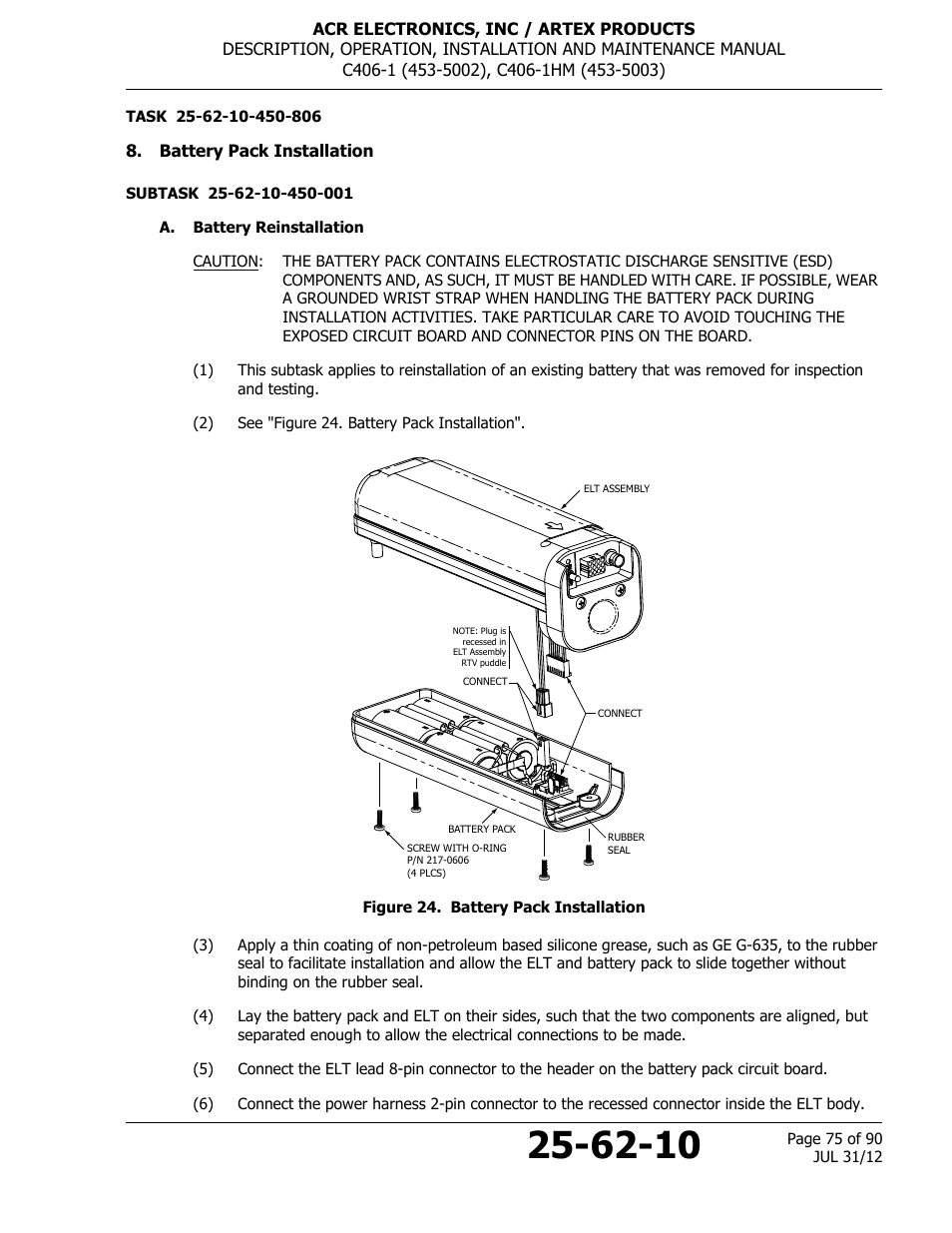 Battery pack installation, A. battery reinstallation, Figure 24. battery pack installation | ACR&Artex C406-1 User Manual | Page 75 / 90