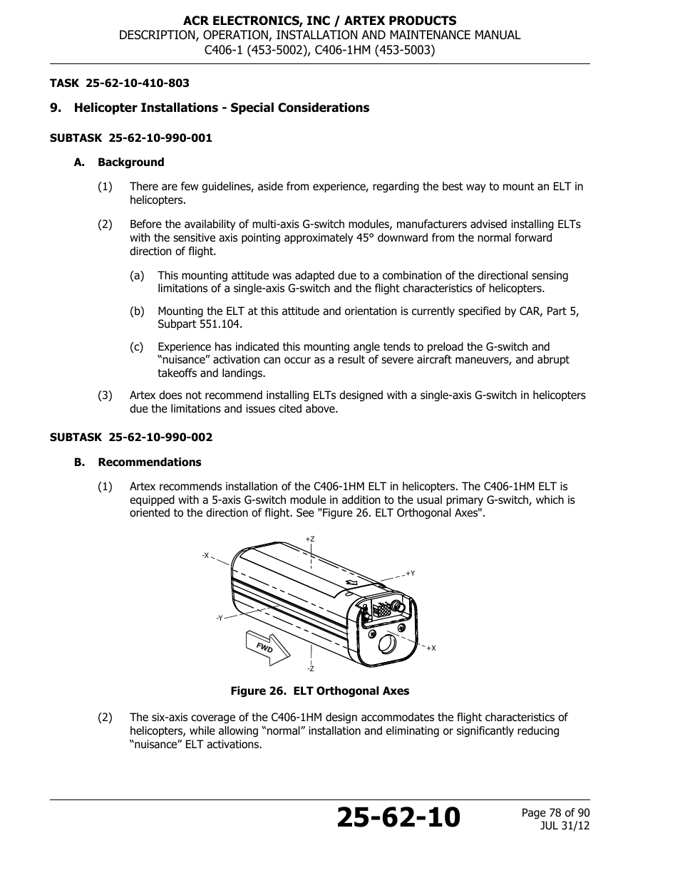 Helicopter installations - special considerations, A. background, B. recommendations | Figure 26. elt orthogonal axes | ACR&Artex C406-1 User Manual | Page 78 / 90
