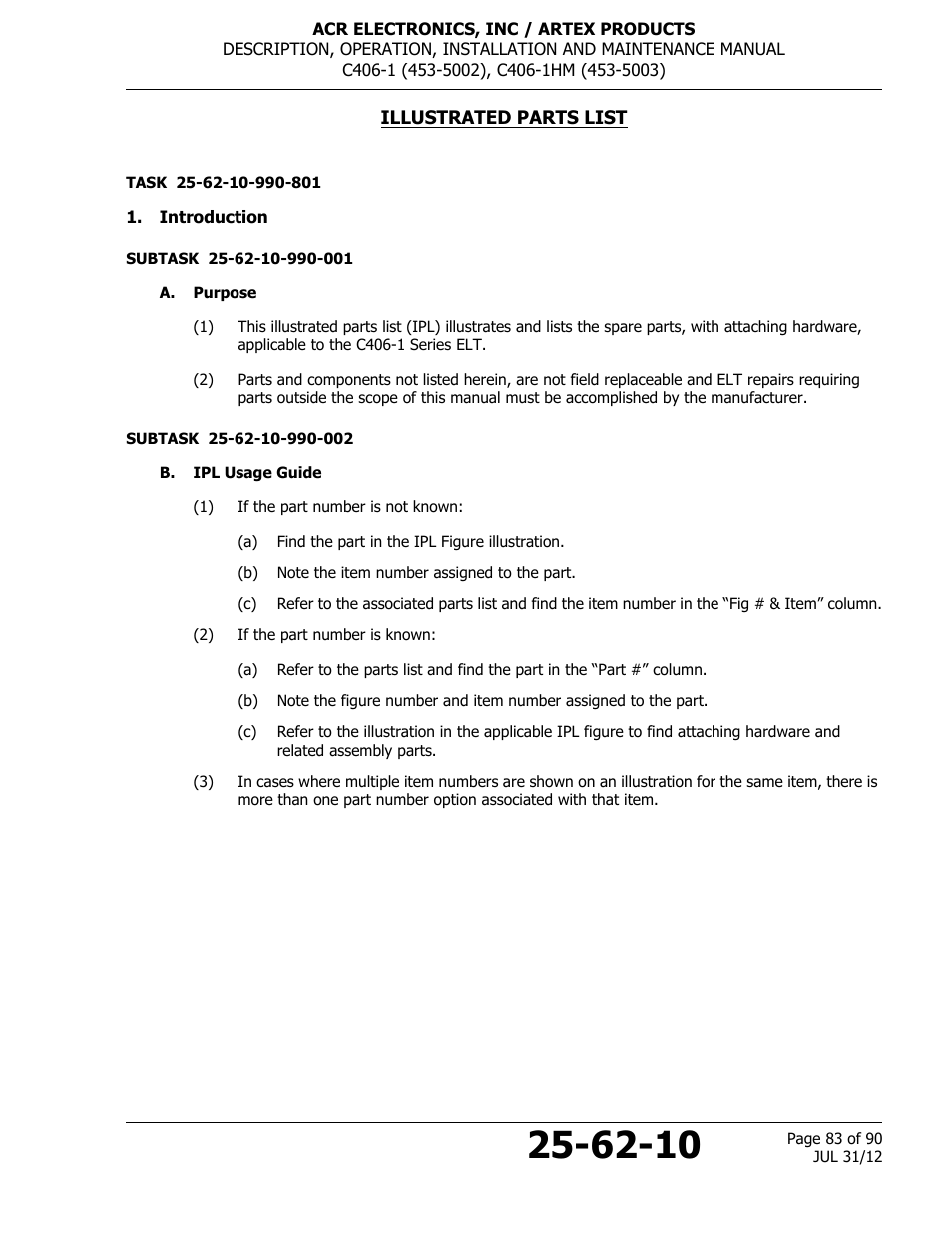 Illustrated parts list, Introduction, A. purpose | B. ipl usage guide | ACR&Artex C406-1 User Manual | Page 83 / 90
