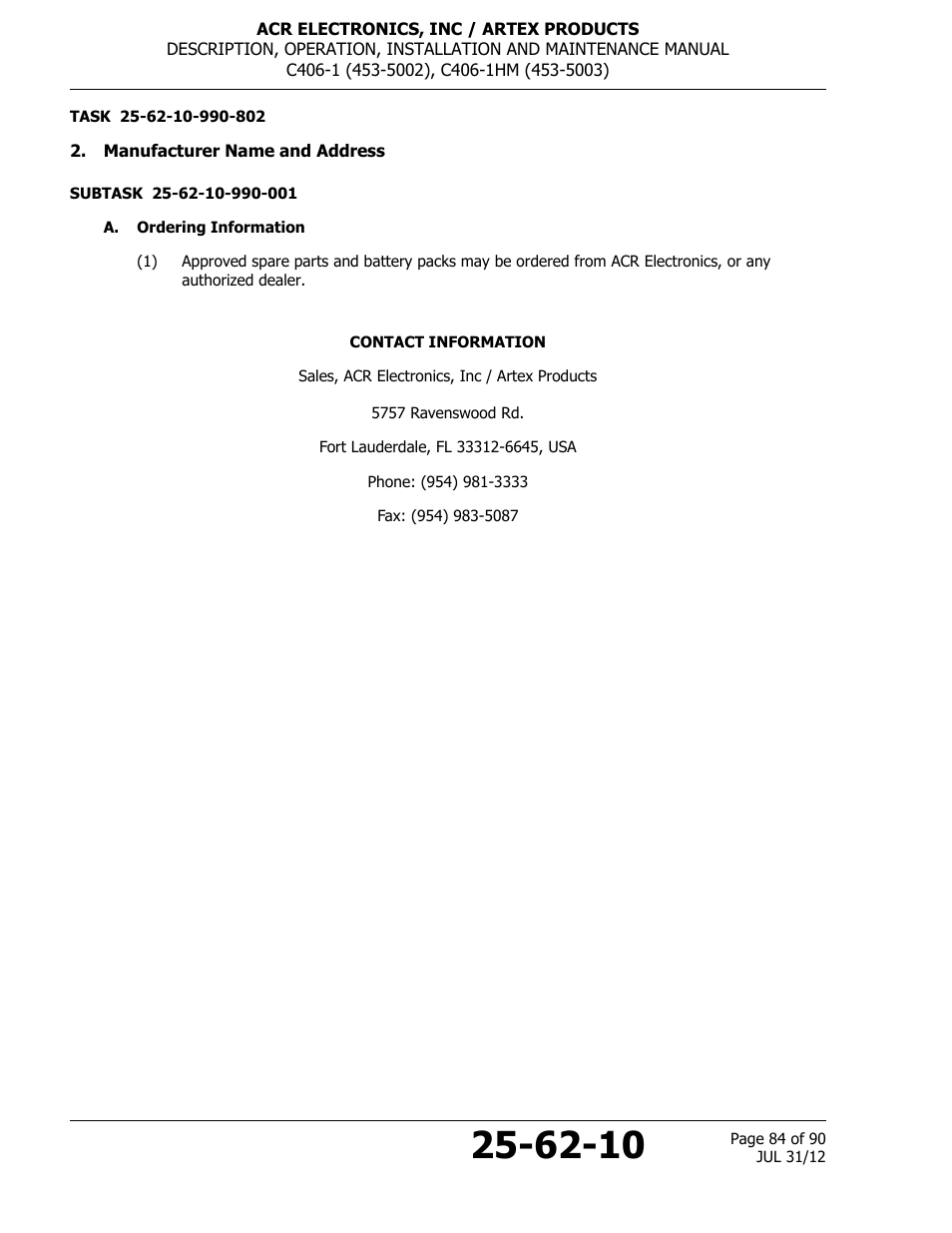 Manufacturer name and address, A. ordering information | ACR&Artex C406-1 User Manual | Page 84 / 90
