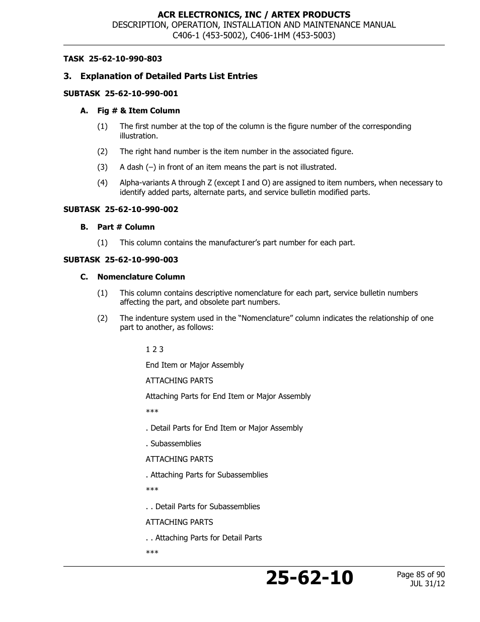 Explanation of detailed parts list entries, A. fig # & item column, B. part # column | C. nomenclature column | ACR&Artex C406-1 User Manual | Page 85 / 90