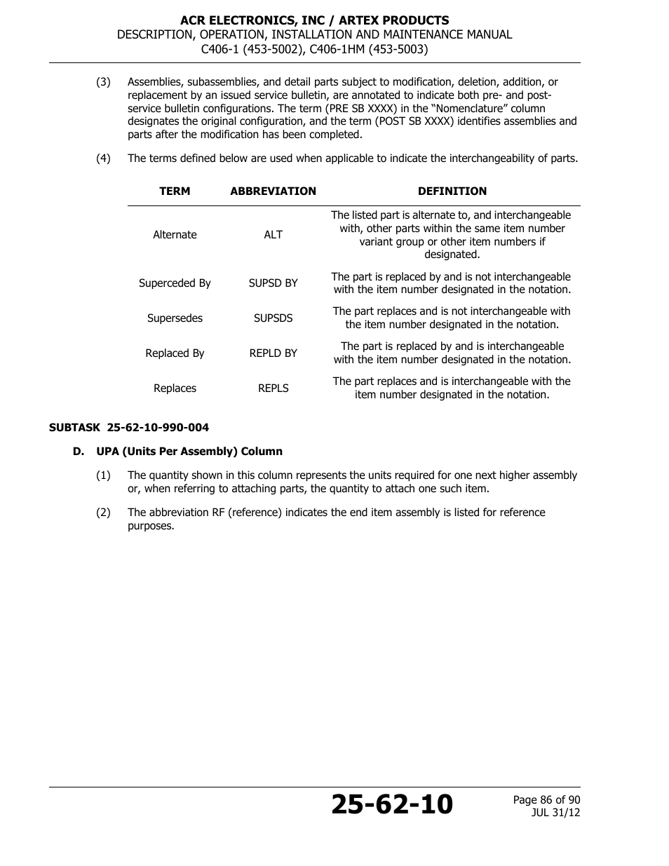 D. upa (units per assembly) column | ACR&Artex C406-1 User Manual | Page 86 / 90