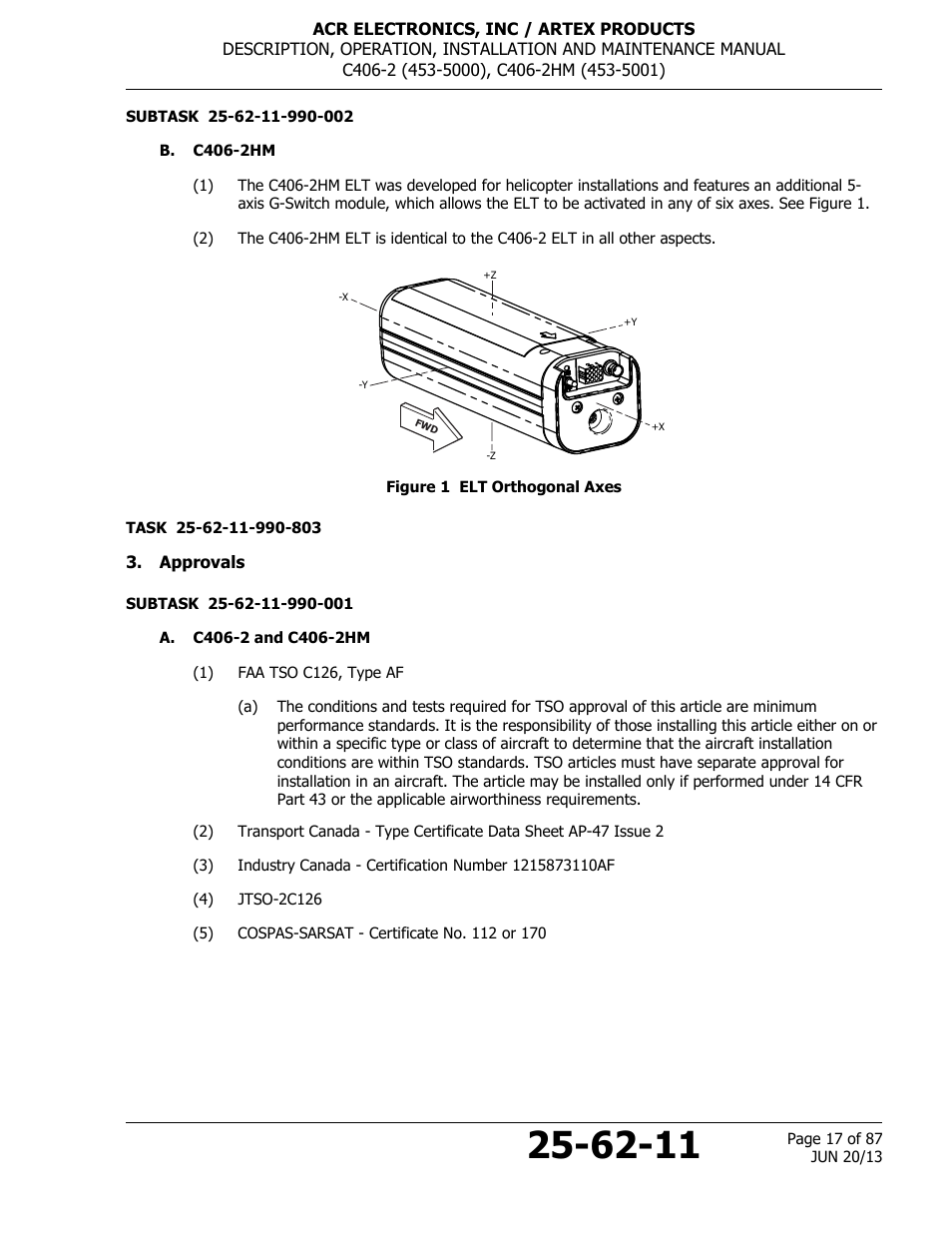 B. c406-2hm, Figure 1 elt orthogonal axes, Approvals | A. c406-2 and c406-2hm | ACR&Artex C406-2 HM User Manual | Page 17 / 87