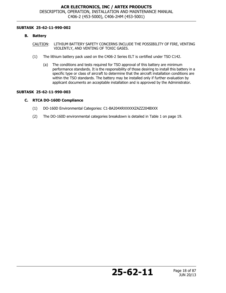 B. battery, C. rtca do-160d compliance, 18 c. rtca do-160d compliance | ACR&Artex C406-2 HM User Manual | Page 18 / 87