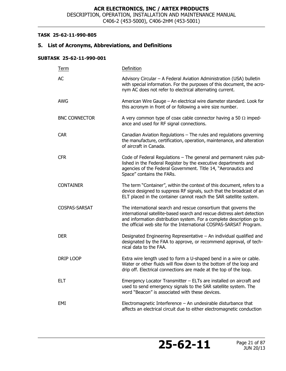List of acronyms, abbreviations, and definitions | ACR&Artex C406-2 HM User Manual | Page 21 / 87