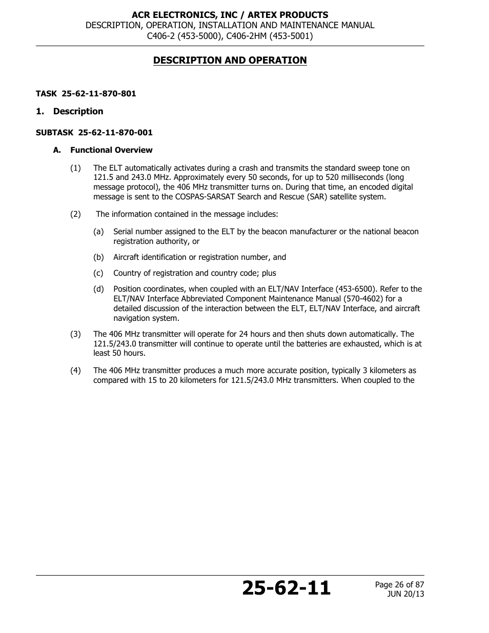 Description and operation, Description, A. functional overview | ACR&Artex C406-2 HM User Manual | Page 26 / 87