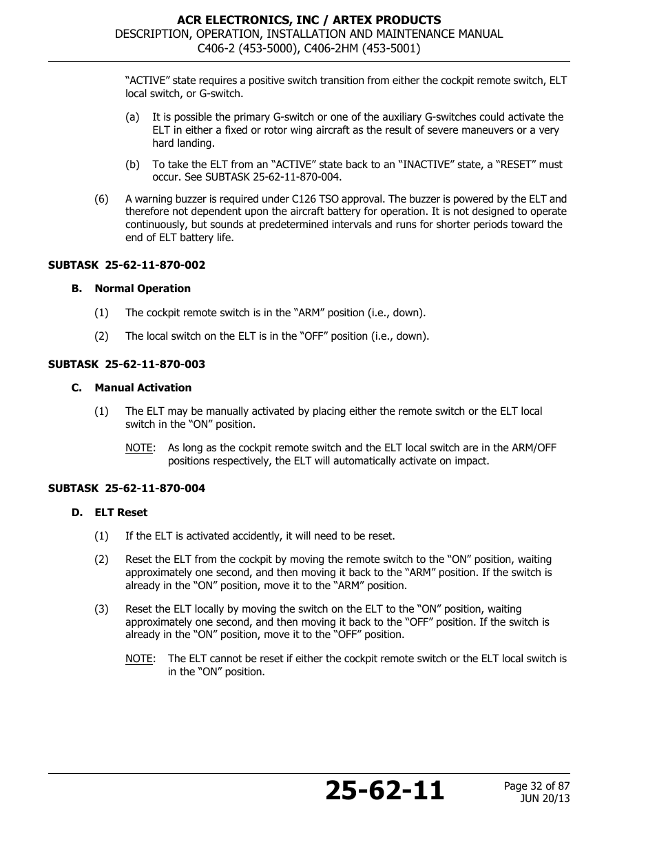 B. normal operation, C. manual activation, D. elt reset | 32 c. manual activation, 32 d. elt reset | ACR&Artex C406-2 HM User Manual | Page 32 / 87