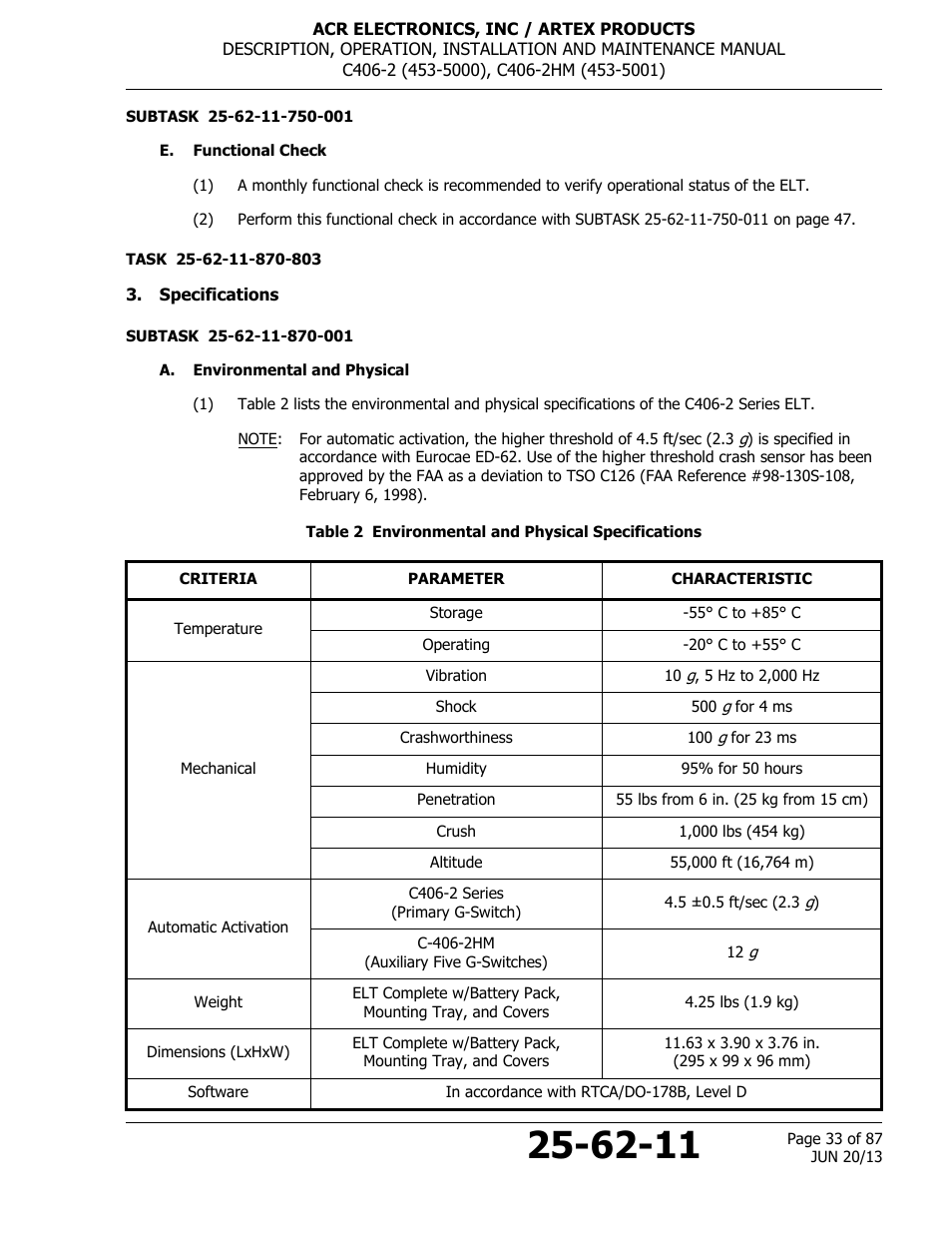 E. functional check, Specifications, A. environmental and physical | Table 2 environmental and physical specifications | ACR&Artex C406-2 HM User Manual | Page 33 / 87