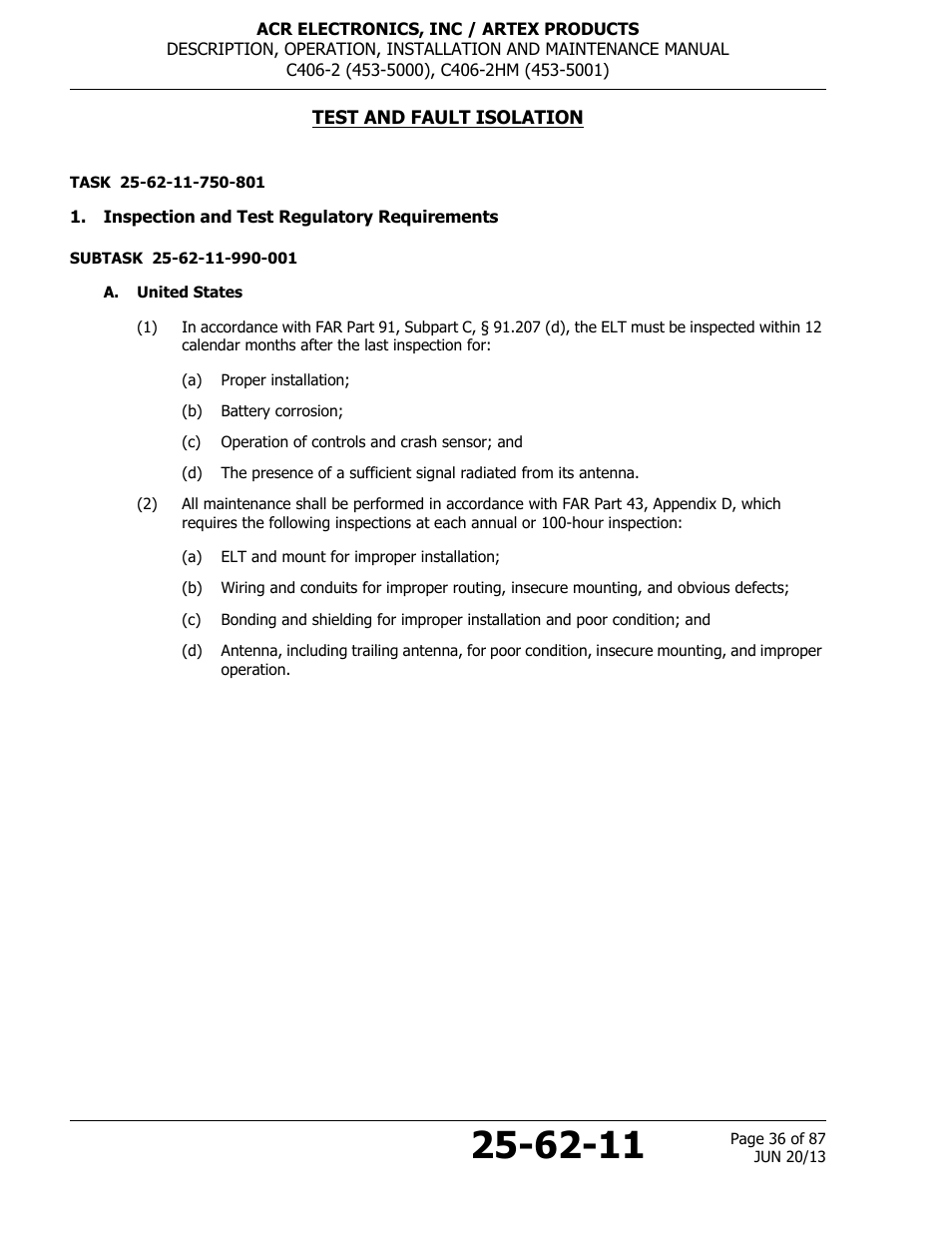 Test and fault isolation, Inspection and test regulatory requirements, A. united states | ACR&Artex C406-2 HM User Manual | Page 36 / 87