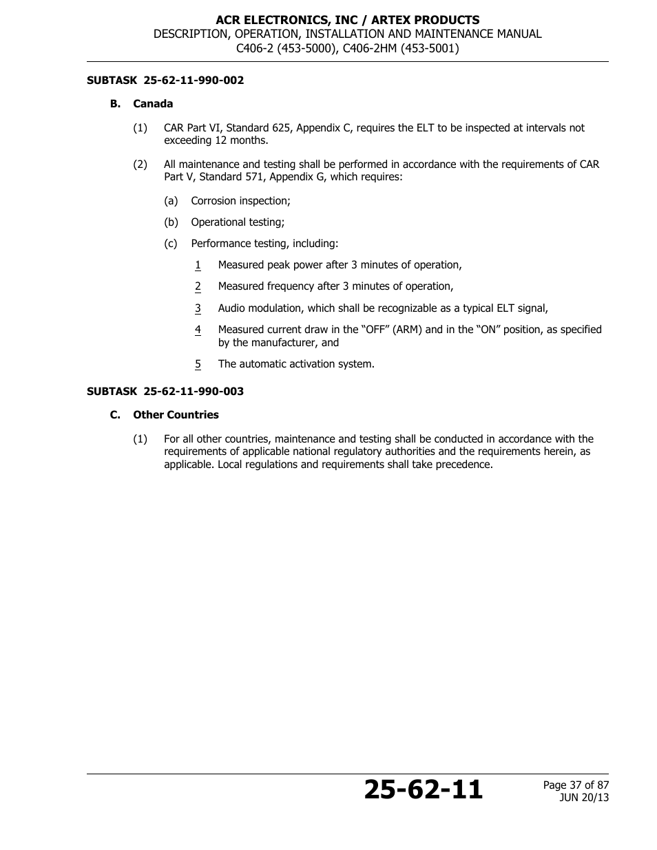 B. canada, C. other countries | ACR&Artex C406-2 HM User Manual | Page 37 / 87