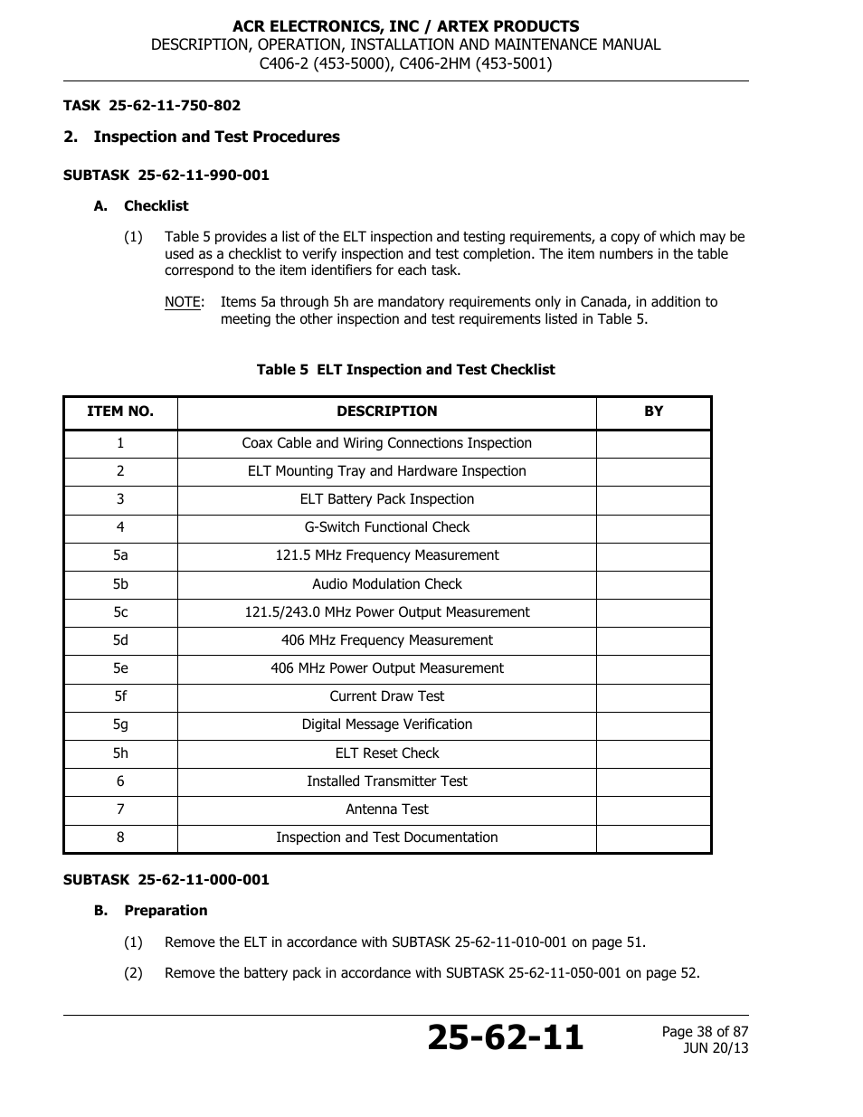Inspection and test procedures, A. checklist, Table 5 elt inspection and test checklist | B. preparation | ACR&Artex C406-2 HM User Manual | Page 38 / 87