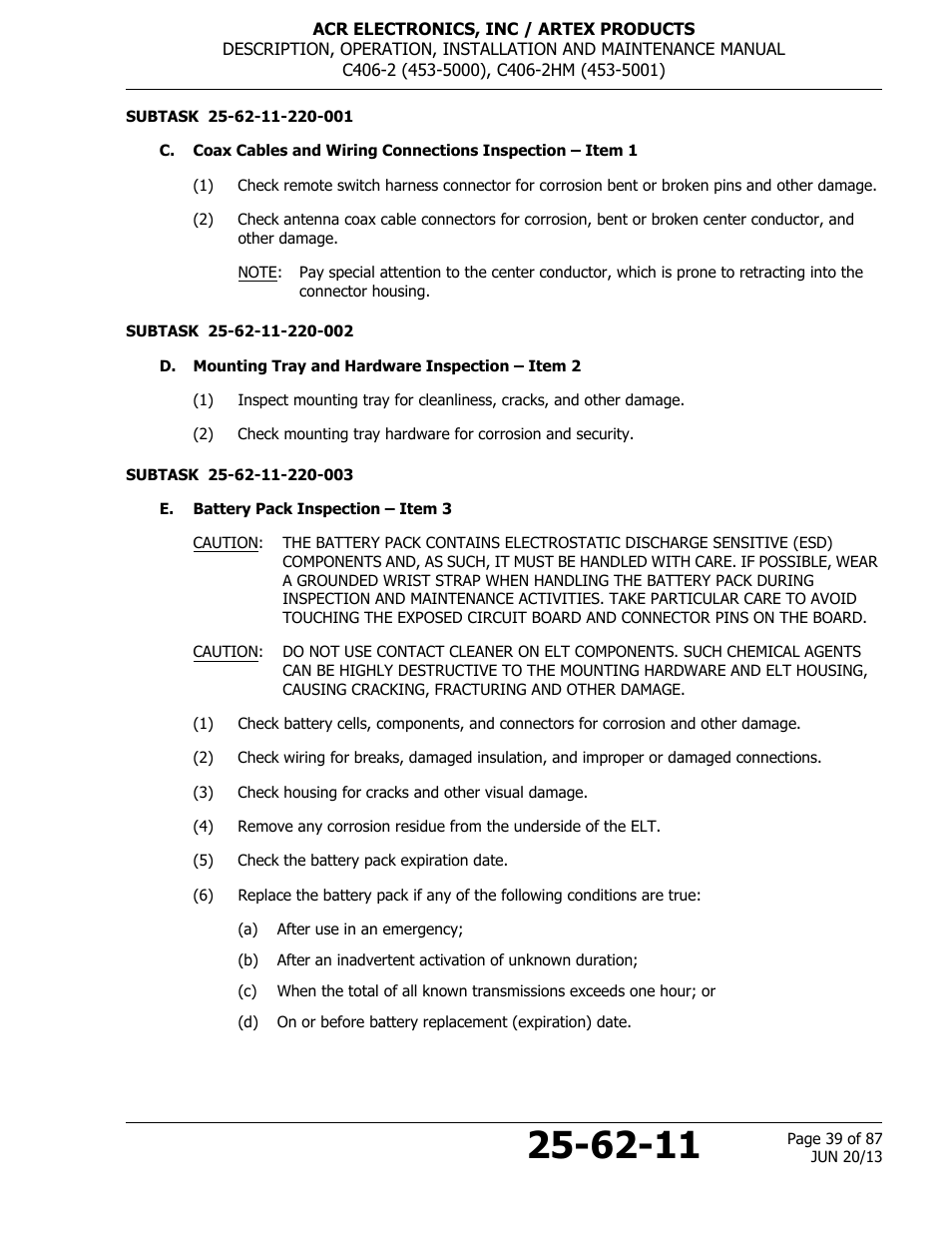 D. mounting tray and hardware inspection – item 2, E. battery pack inspection – item 3 | ACR&Artex C406-2 HM User Manual | Page 39 / 87