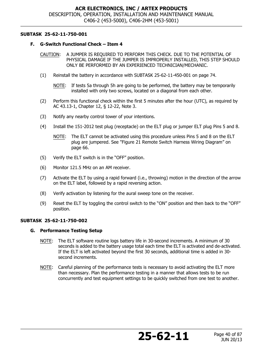 F. g-switch functional check – item 4, G. performance testing setup, 40 g. performance testing setup | ACR&Artex C406-2 HM User Manual | Page 40 / 87
