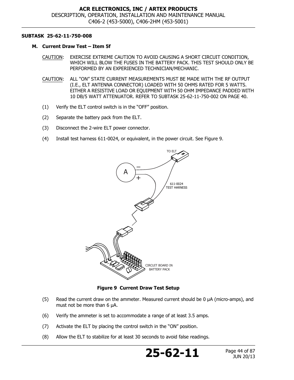 M. current draw test – item 5f, Figure 9 current draw test setup | ACR&Artex C406-2 HM User Manual | Page 44 / 87