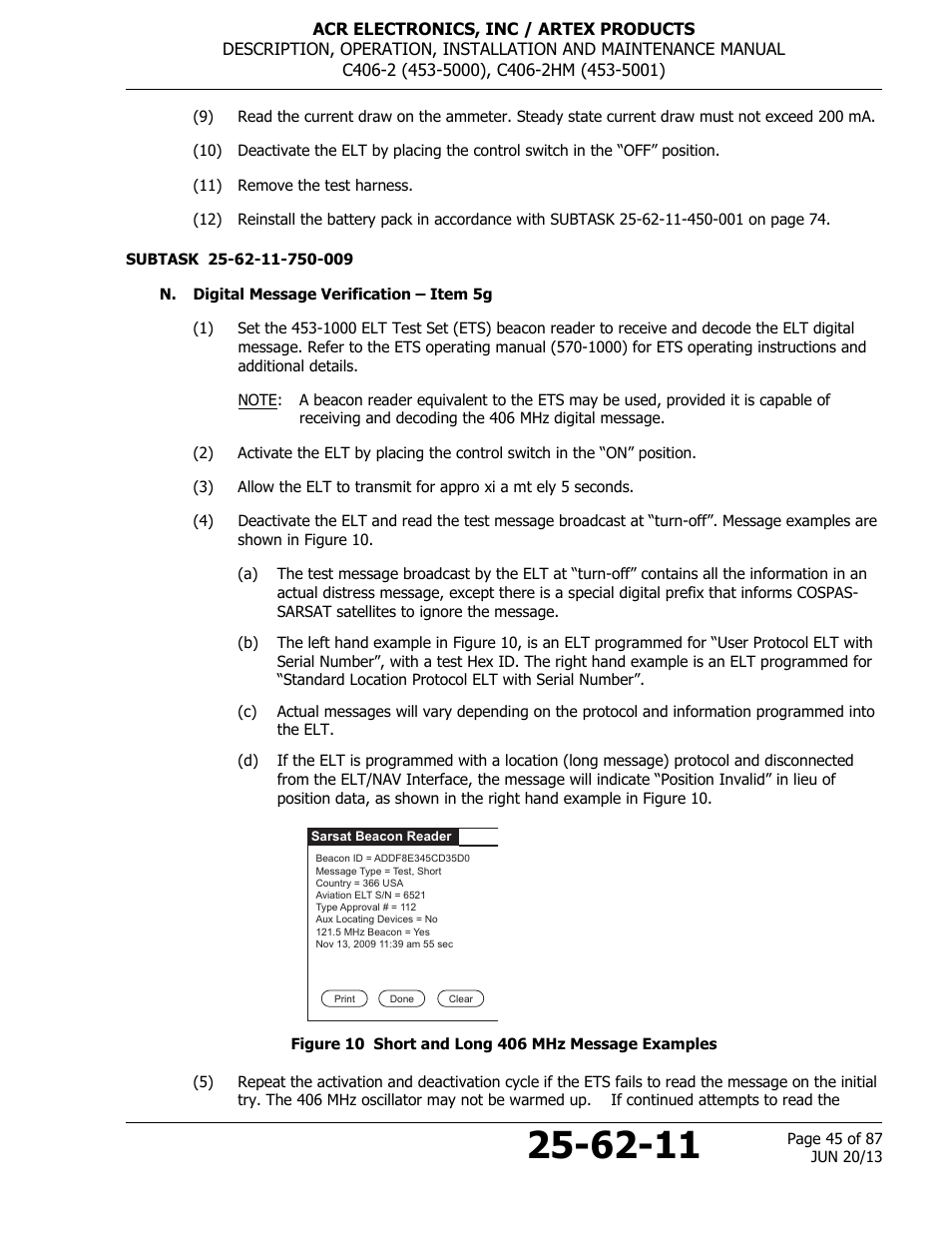 N. digital message verification – item 5g, Figure 10 short and long 406 mhz message examples | ACR&Artex C406-2 HM User Manual | Page 45 / 87