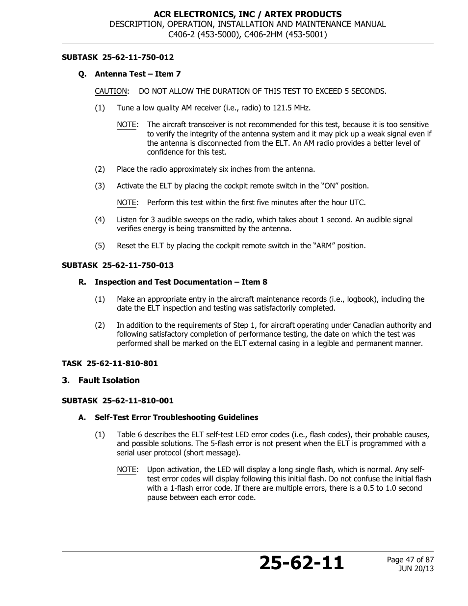 Q. antenna test – item 7, R. inspection and test documentation – item 8, Fault isolation | A. self-test error troubleshooting guidelines | ACR&Artex C406-2 HM User Manual | Page 47 / 87