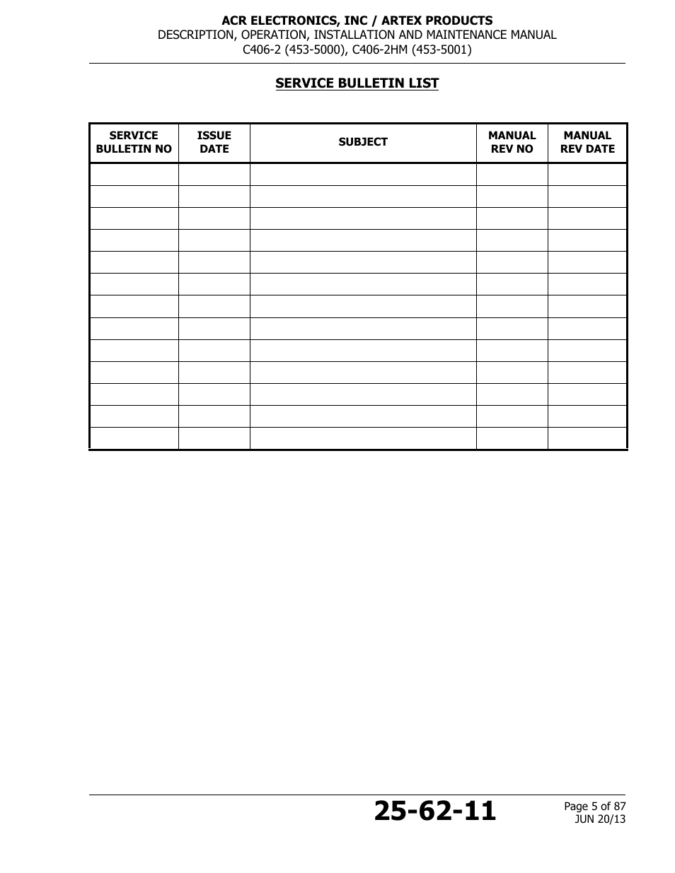 Service bulletin list | ACR&Artex C406-2 HM User Manual | Page 5 / 87