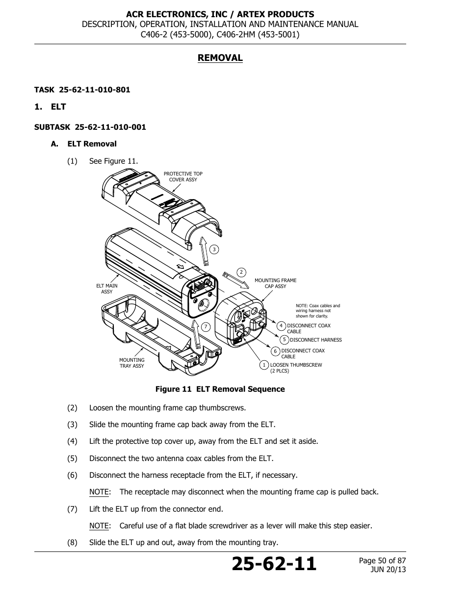 Removal, A. elt removal, Figure 11 elt removal sequence | ACR&Artex C406-2 HM User Manual | Page 50 / 87