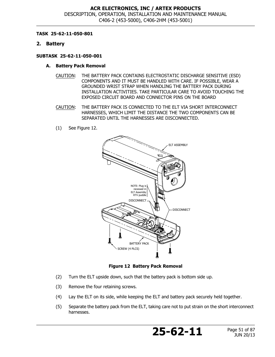 Battery, A. battery pack removal, Figure 12 battery pack removal | ACR&Artex C406-2 HM User Manual | Page 51 / 87