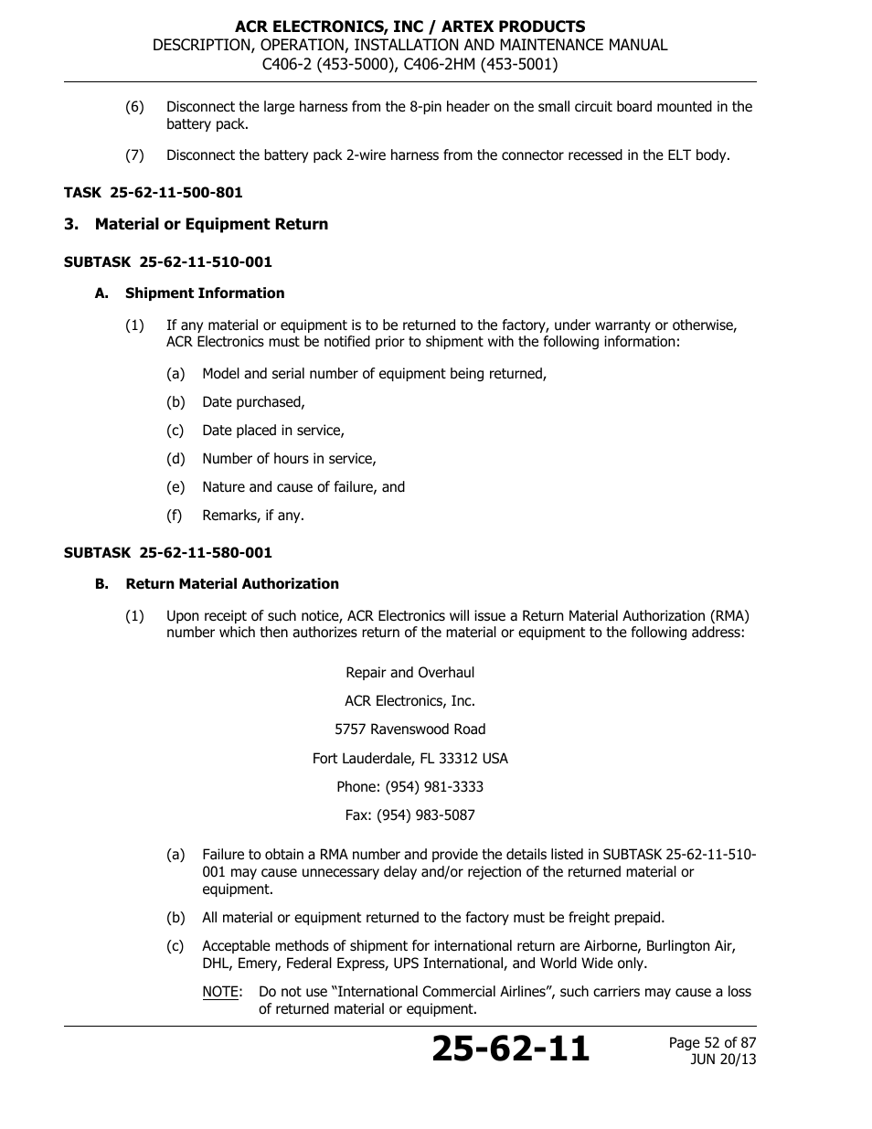 Material or equipment return, A. shipment information, B. return material authorization | 53 b. return material authorization | ACR&Artex C406-2 HM User Manual | Page 52 / 87