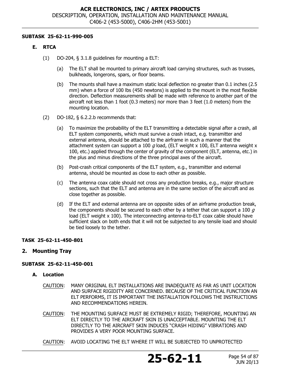 E. rtca, Mounting tray, A. location | ACR&Artex C406-2 HM User Manual | Page 54 / 87