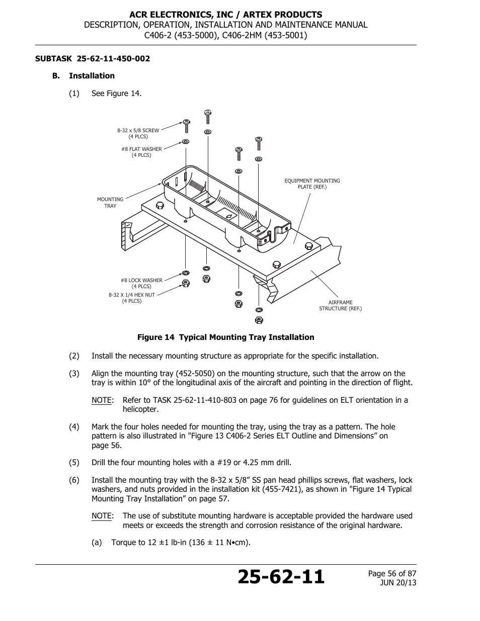 B. installation, Figure 14 typical mounting tray installation | ACR&Artex C406-2 HM User Manual | Page 56 / 87