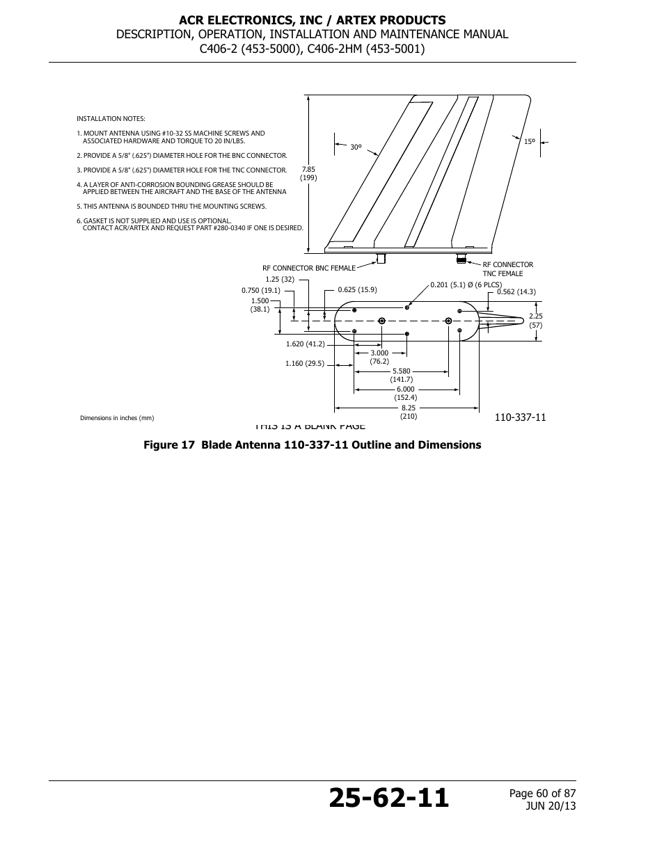 Figure 17 blade antenna 110-337-11 outline and | ACR&Artex C406-2 HM User Manual | Page 60 / 87