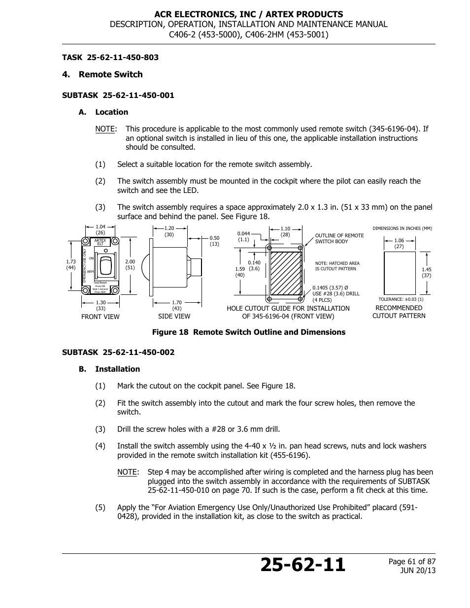 Remote switch, A. location, Figure 18 remote switch outline and dimensions | B. installation | ACR&Artex C406-2 HM User Manual | Page 61 / 87