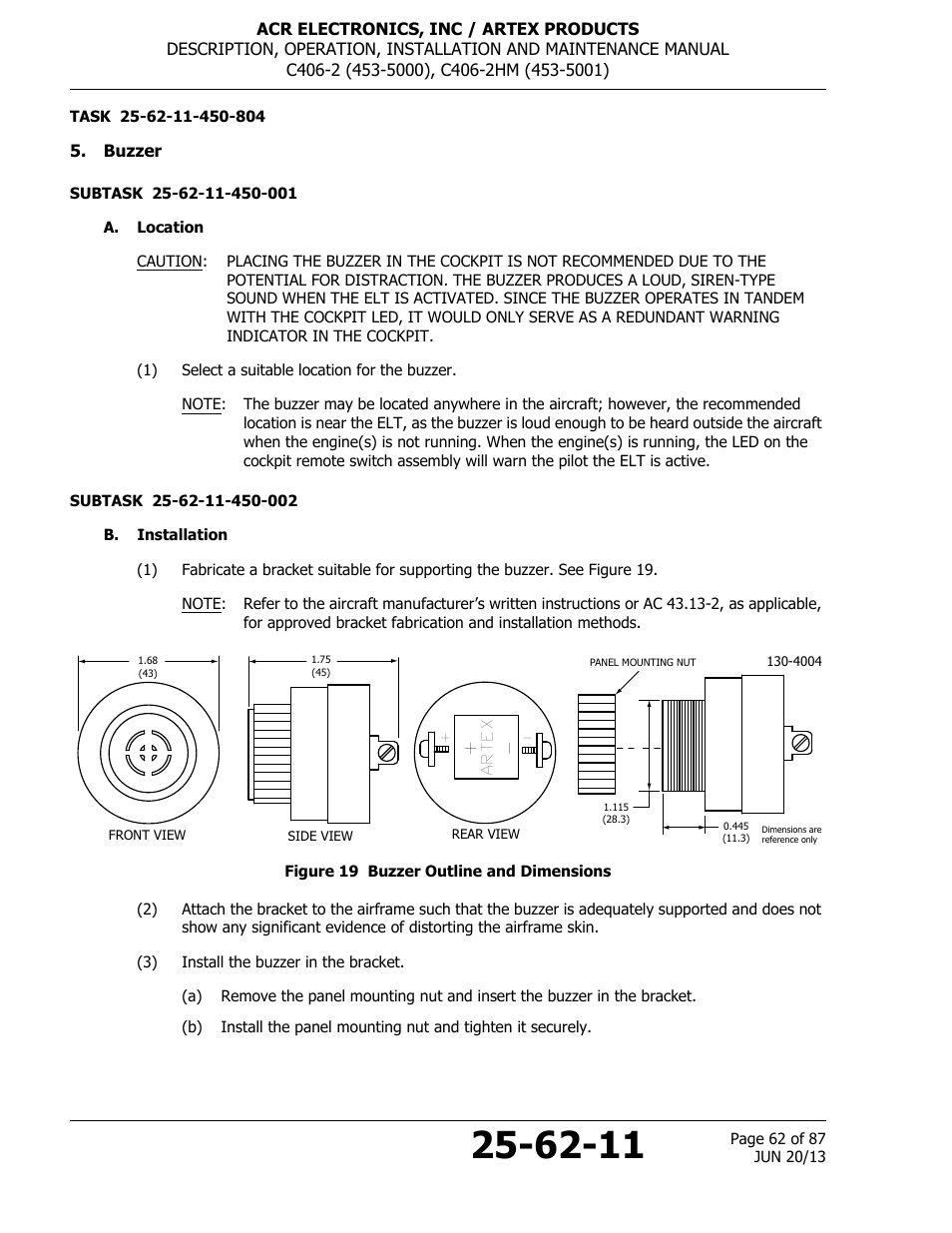 Buzzer, A. location, B. installation | Figure 19 buzzer outline and dimensions | ACR&Artex C406-2 HM User Manual | Page 62 / 87