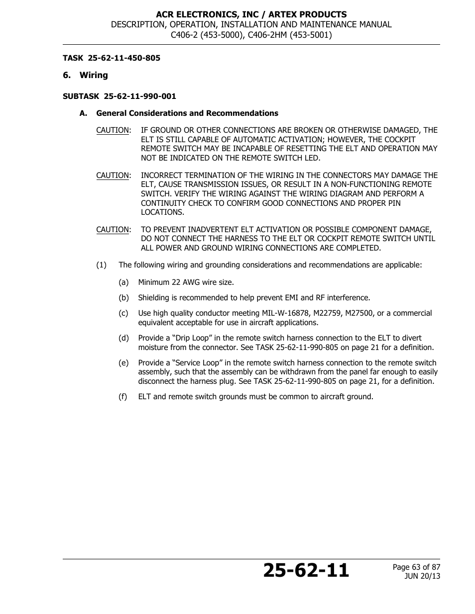 Wiring, A. general considerations and recommendations | ACR&Artex C406-2 HM User Manual | Page 63 / 87