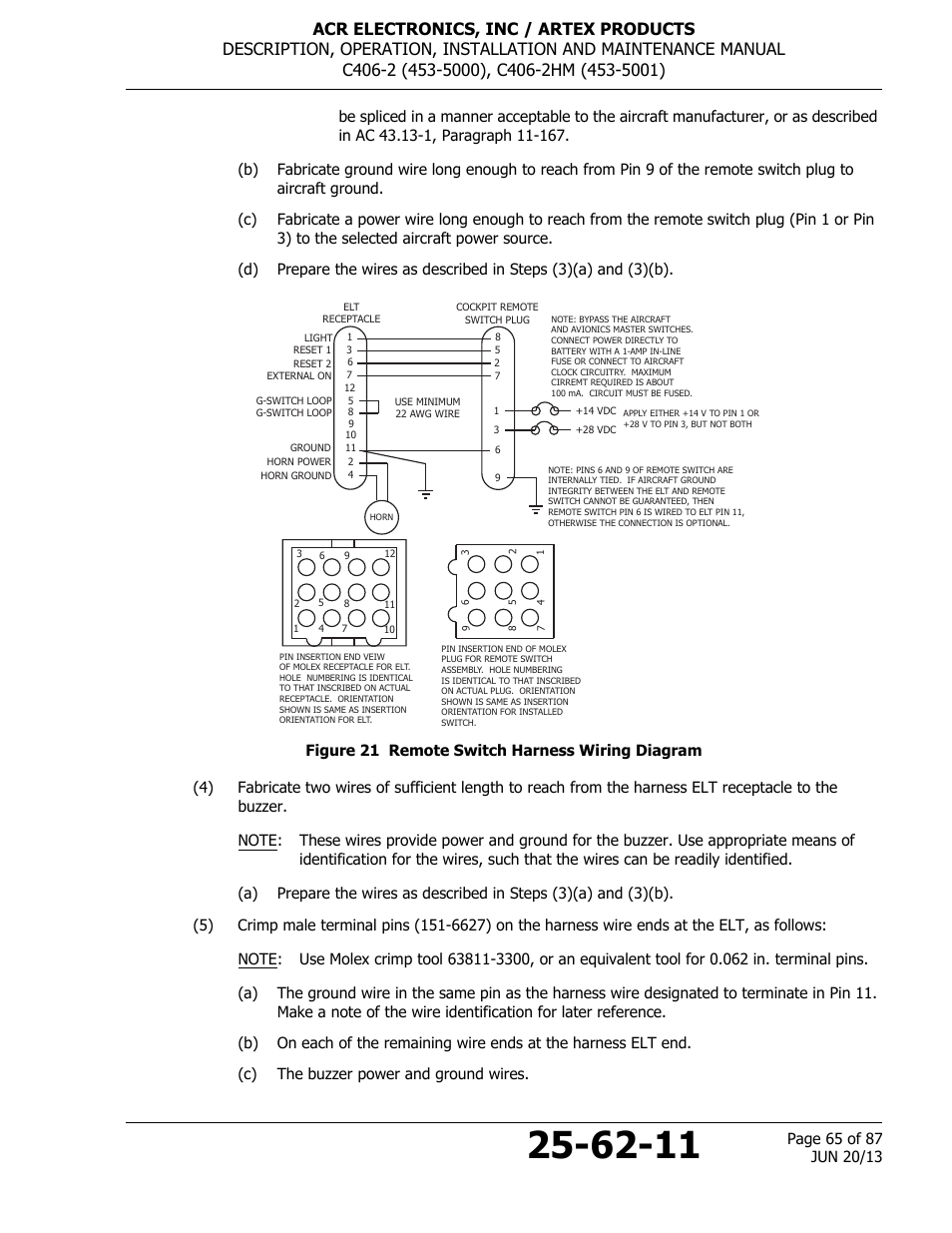 Figure 21 remote switch harness wiring diagram | ACR&Artex C406-2 HM User Manual | Page 65 / 87