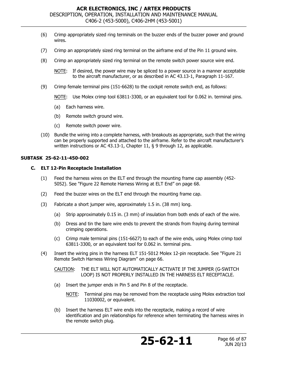 C. elt 12-pin receptacle installation | ACR&Artex C406-2 HM User Manual | Page 66 / 87