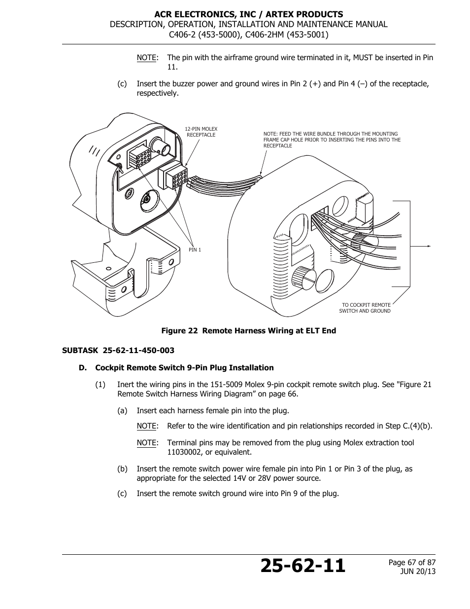 Figure 22 remote harness wiring at elt end, D. cockpit remote switch 9-pin plug installation | ACR&Artex C406-2 HM User Manual | Page 67 / 87